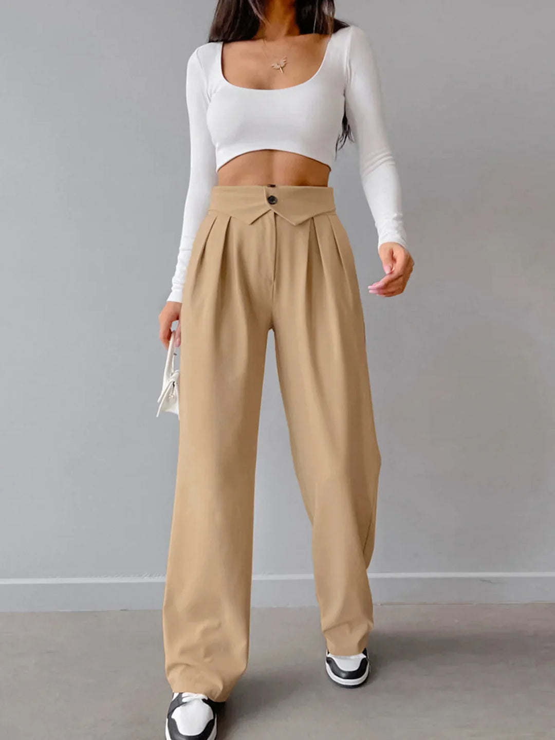 PANTALONES DE VESTIR DE PIERNA RECTA CON CINTURA CON PLIERA DE CALLE