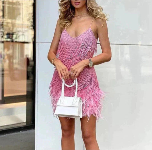 VESTIDO MARYLIN FLECOS/PLUMAS