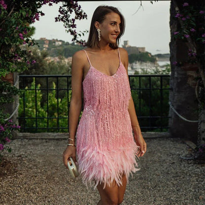 VESTIDO MARYLIN FLECOS/PLUMAS